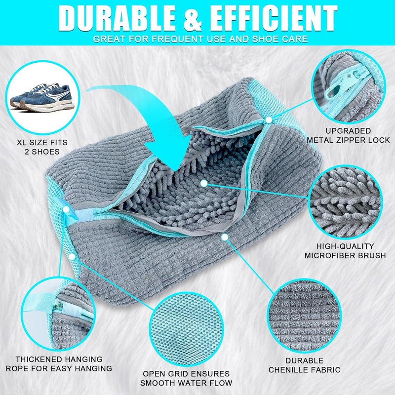 CNEYSID XXL Shoe Washing Machine Bag - 2-Pack Reusable Shoes Cleaning Bags, 360° Deep Clean for Tennis Shoes, Sneakers and Slippers, Includes 2 Shoe Storage Dust Bags (Gray) - Image 3